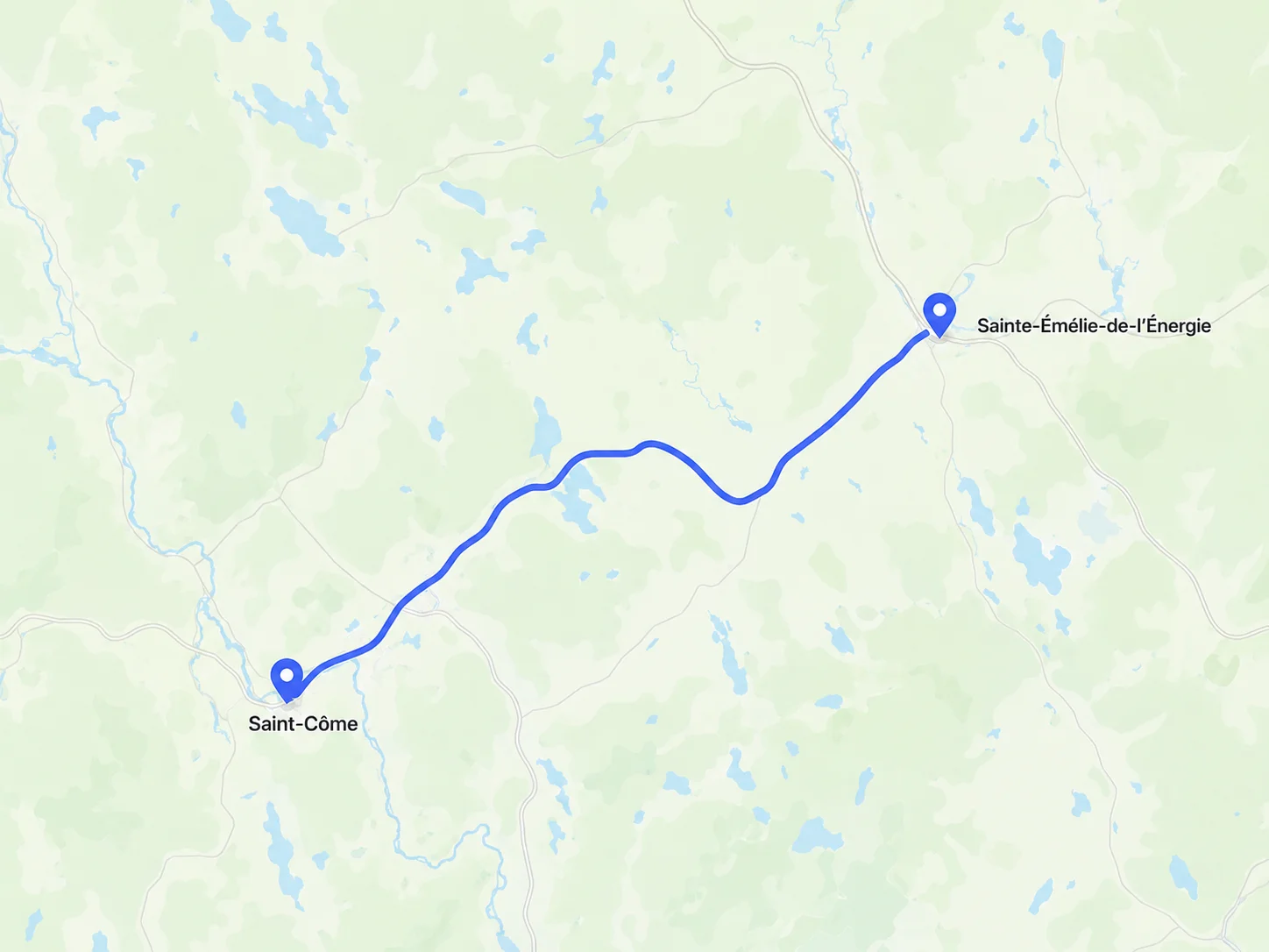 Carte routière de Lanaudière : le trajet entre Saint-Côme et Sainte-Émélie-de-l'Énergie